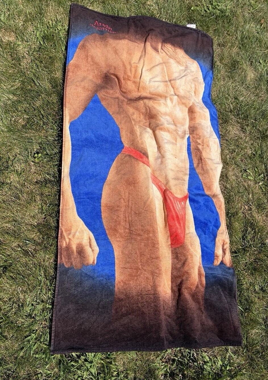 Vintage 90s Novelty Beach Towel bachelorette Gay Muscle Man Red Thong Aruba
